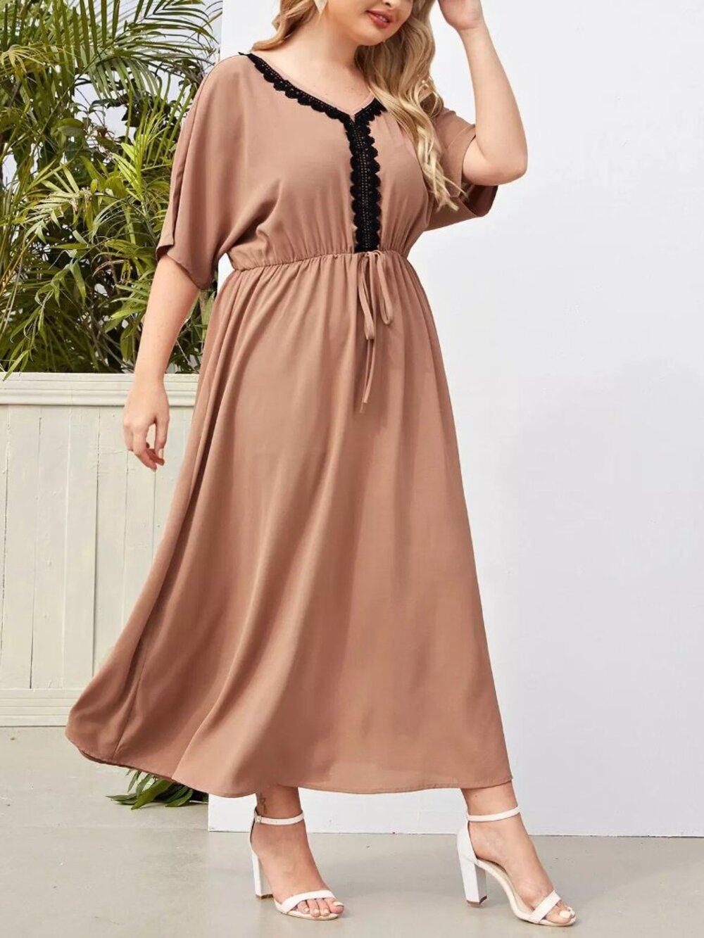 SHEIN Curve 0XL Camel Brown V-Neck Black Lace Trim Boho Midi Dress Plus Size - Picture 2 of 10